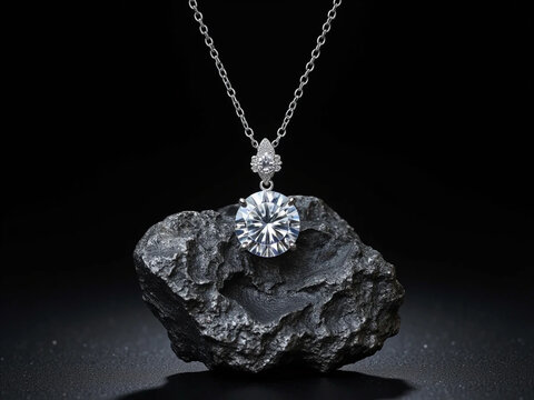 elegant diamond pendant necklace with large and small faceted diamonds on black rock base, metallic silver chain