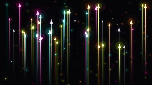 Procedural art. Neon light arrows vertical lines glowing abstract pattern bright dark background. Ideal for vibrant, modern graphic designs and digital art projects.