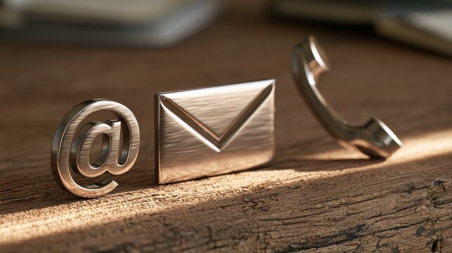 Metallic contact symbols including email, phone, and at sign resting on a rustic wooden table under soft light. Perfect for customer service and communication concept backgrounds.