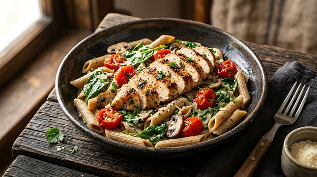 Grilled chicken breast with penne pasta spinach and tomatoes in a dark pan on a rustic wooden table. muscle building recipes