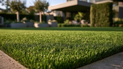 Fototapeta premium Fresh green artificial grass lawn in a modern backyard during sunset. Ideal for landscaping and home design banners.