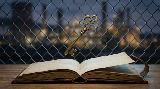 Antique key above open book creates mysterious Halloween digital marketing concept with vintage texture and dramatic atmosphere