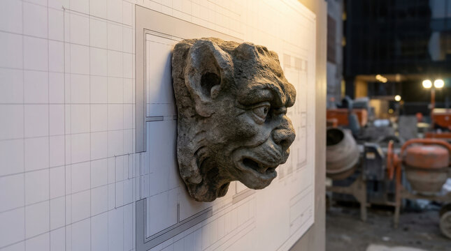 Halloween digital marketing features carved stone gargoyle mask on tiled wall, creating eerie atmosphere near urban workshop