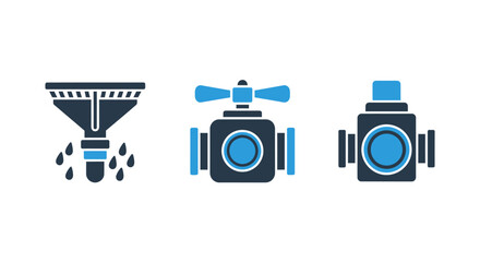 Naklejka premium Industrial plumbing valve and water filtration icons in blue and dark gray color scheme with filtration industrial equipment illustration technology engineering mechanism treatment machinery