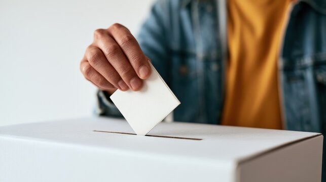 A voter putting a ballot paper into a white box during an election. This image can be used for political campaigns and democratic concepts.