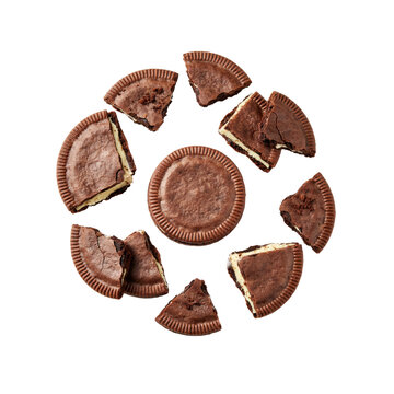 Chocolate sandwich cookies with cream filling arranged in a circular pattern on a white surface isolated on a transparent background