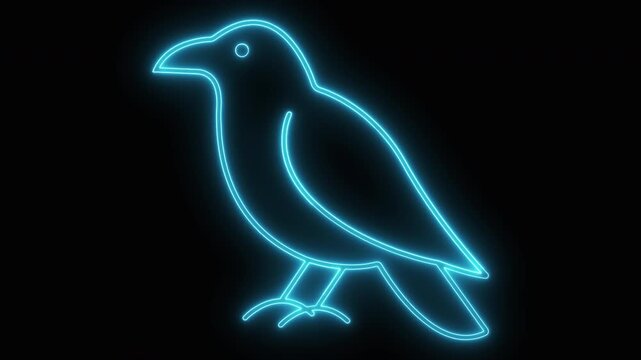 Glowing neon blue raven bird outline icon animation light effect.