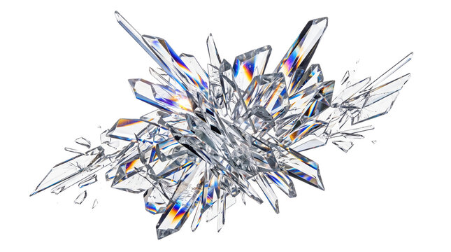 Crystalline glass shards with rainbow refraction, exploding transparent crystal cluster, sharp geometric diamond fragments for luxury design isolated PNG with Transparent Background