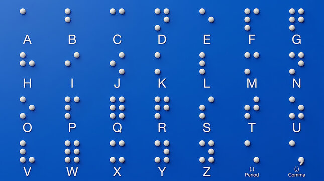 Braille alphabet chart with letters and punctuation on blue background