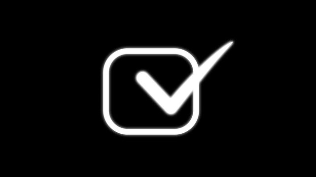 Animated white checkbox icon with tick mark isolated on black background, clean correct selection visual element, universal right answer symbol for web application design editing project.4k video