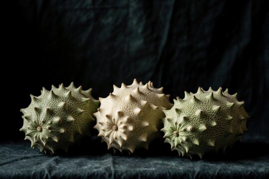 Three exotic soursop fruits sit on dark fabric background. Green, white spiky durian like fruits rest in row. Unique tropical produce with bumpy texture looks like organic food still life for healthy