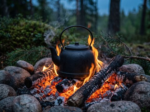 Cast iron kettle heating on a campfire during a forest camping trip.