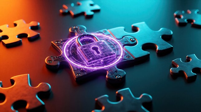 Digital lock secures puzzle piece on dark background with neon glow. Abstract concept of data security, privacy, and cyber protection. Futuristic network connection, encryption.