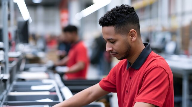 A focused worker in a red polo shirt handles items on a conveyor belt in a warehouse setting with bright overhead lighting