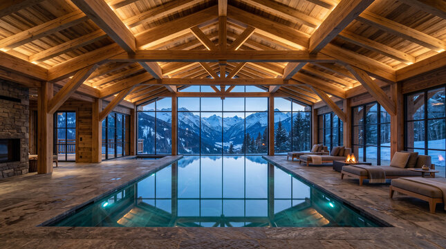 Luxurious Indoor Swimming Pool Inside a Rustic Timber Lodge Overlooking Majestic Snow Covered Mountain Peaks at Twilight