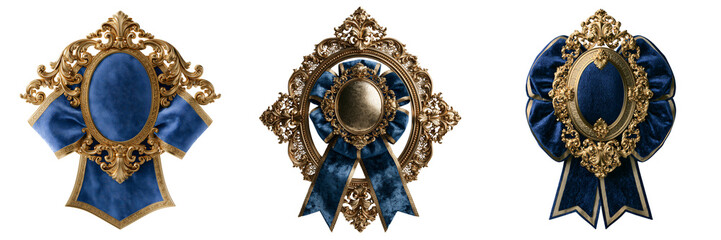 Fototapeta premium Set of Ornate Gold Frame with Blank Blue Velvet Center and Ribbon transparent PNG background. Ai generated