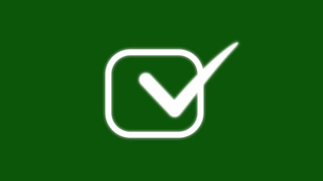 Animated white checkbox icon with tick mark isolated on green background, clean correct selection visual element, universal right answer symbol for web application design editing project.4k video