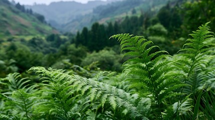 Naklejka premium Lush green ferns in a misty valley with rolling hills and dense forest in the background creating a serene natural landscape