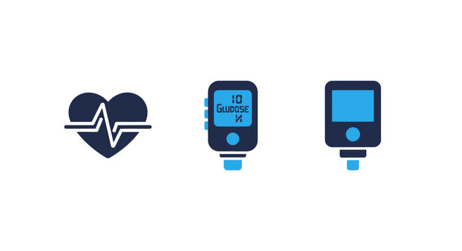 Medical health monitoring icons featuring a heart rate line and digital glucose reader monitoring healthcare cardiogram diabetes hospital illustration technology diagnostic wellness pharmacy