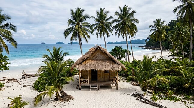 Traditional tropical hut on a white sand beach with palm trees