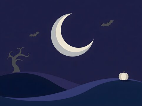 Halloween night landscape with crescent moon bare tree bats and pumpkin illustration