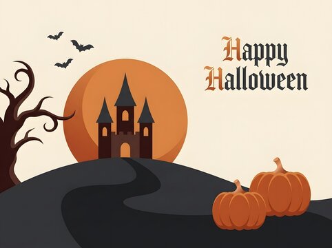 Happy halloween illustration with a spooky castle pumpkins bats and a full orange moon
