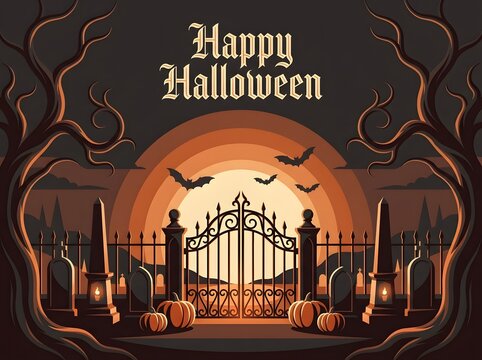 Happy halloween illustration with spooky graveyard scene orange moon and silhouetted bats