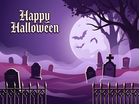 Happy halloween spooky graveyard scene with bats and a full moon purple vector illustration