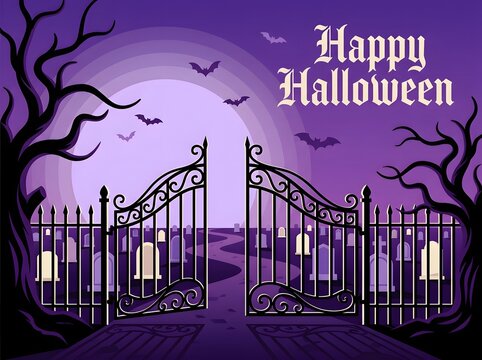 Happy halloween illustration with spooky graveyard gates bats and a purple night sky