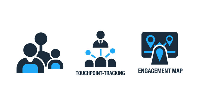 Set of touchpoint tracking and engagement map icons representing user interaction analysis and network data flow with tracking engagement touchpoint connection analytics business communication