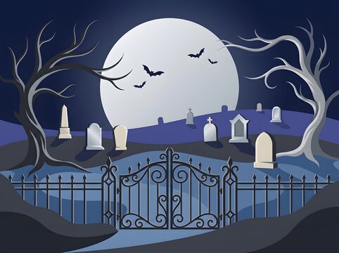 Spooky halloween graveyard scene with a full moon and wrought iron gate vector illustration