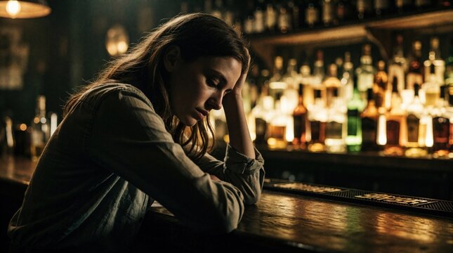 Sad young caucasian woman sits alone at dark bar. Depressed female client leans on counter with head in hand. Lonely brunette drinks alcohol in pub. Concept of alcoholism, addiction, mental health