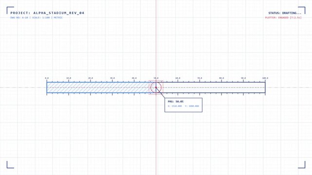 Futuristic digital HUD drafting ruler scale interface with telemetry data on grid background