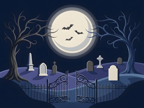 Spooky halloween graveyard scene with a full moon and silhouetted bats and trees