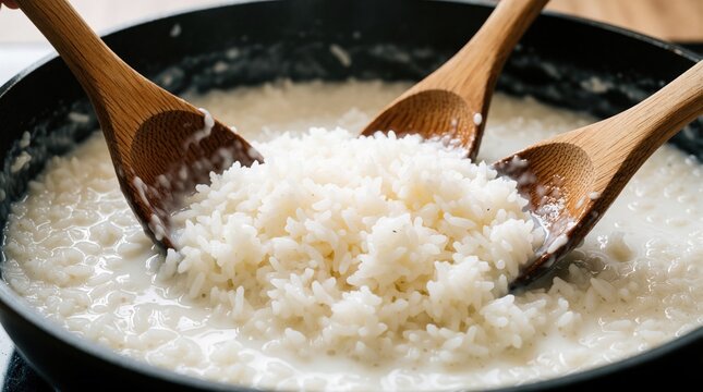 Wooden spoons stir creamy coconut rice cooking in pan. Simple homemade asian food preparation in home kitchen. Delicious side dish rice recipe.