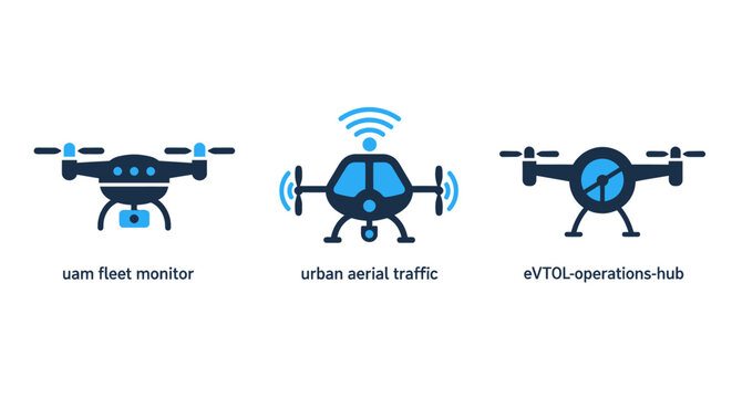 Set of minimalist vector icons illustrating uam fleet monitor urban aerial traffic evtol operations hub concepts operations aviation transportation technology navigation tracking wireless