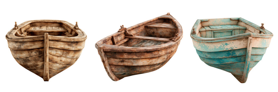 Set of Rustic Wooden Rowboat transparent PNG background. Ai generated