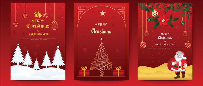 Merry Christmas  greeting card  and Happy New Year greeting card design. Luxury Christmas invitation card and new year wishes card, poster, flyer, banner design with snowflakes, Christmas tree, bell.