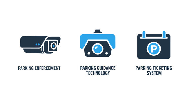 Parking enforcement cameras guidance technology and ticketing system icons for urban transport management with enforcement guidance technology ticketing security surveillance equipment calendar