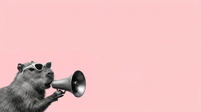 Funny Capybara Wearing Sunglasses Holding Megaphone on Pink Background - Marketing Announcement Concept