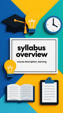 Educational syllabus overview concept with graduation cap, light bulb, clock, open book, clipboard. Learning plan, course description, school schedule, academic study materials for university