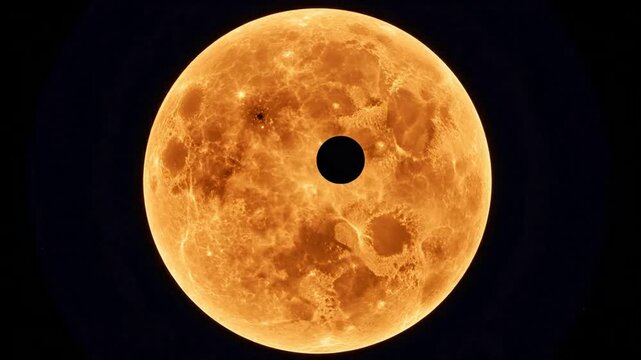 Planetary transit across glowing sun or moon surface, cinematic space exploration and astronomy background