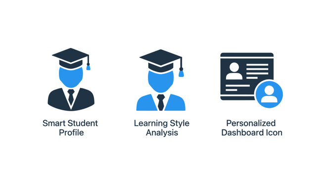 Smart student profile and learning style analysis dashboard icons in blue and dark grey with learning analysis dashboard education academic graduation collection background interface template