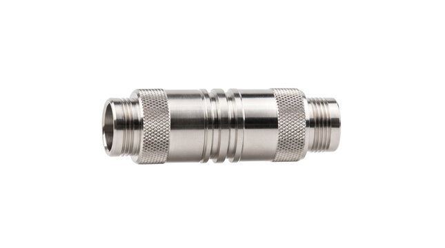Industrial chrome coaxial connector, professional RF adapter for telecommunications, silver metal electronic hardware component isolated PNG with Transparent Background