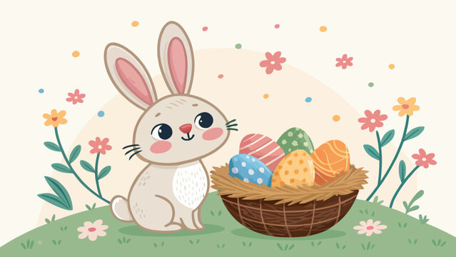 Charming easter bunny beside a basket full of brightly colored decorated eggs with spring holiday cute rabbit cartoon animal easter greeting springtime scene festive illustration