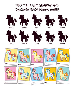 Educational puzzle for children featuring cute ponies and matching silhouettes. Identify each pony by its shadow and write its name to develop visual perception, attention, memory, and logic