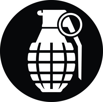 Hand grenade solid icon silhouette in black circle symbol for military army 