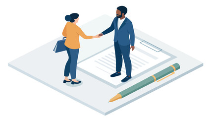 Obraz premium Isometric business partnership concept featuring a man and woman shaking hands over a contract document and pen business handshake isometric illustration partnership agreement corporate coworker
