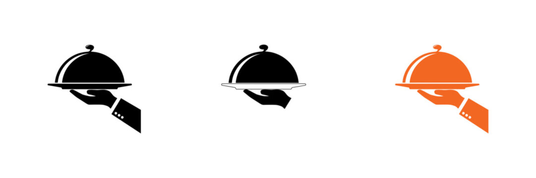 Set of waiter hand icons holding a food serving cloche in black and orange color variations