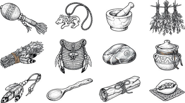 Vintage Shamanic Ritual and Witchcraft Tool Vector Set with Hand Drawn Sketch Herb Sage Totem Mortar and Amulet Icons for Mystic Spiritual Graphic Designs